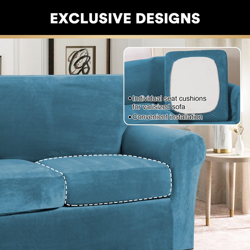 PrinceDeco Velvet Couch Covers for Sofa Soft 4 Pieces Couch Covers for 3 Cushion Couch Sofa Pet Friendly Furniture Protector with Non Slip Elastic Bottom Width Up to 90 Inch (Large, Blue) - Image 5